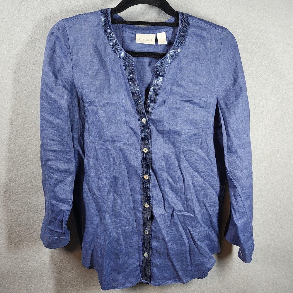 Chico's Shirt Womens‎ 1 Medium Blue Linen Sequin Trim Lace Back Button Front